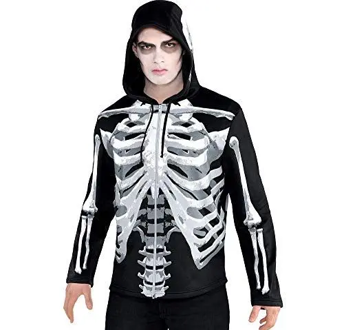 Produktbild: Amscan - Herren-Jacke Skelett, Einheitsgröße für Erwachsene, Schwarz-Weiß, mit Kapuze und Reißverschluss, Hoodie mit Knochen-Motiv, Halloween, Karneval, Verkleidung, Kostüm