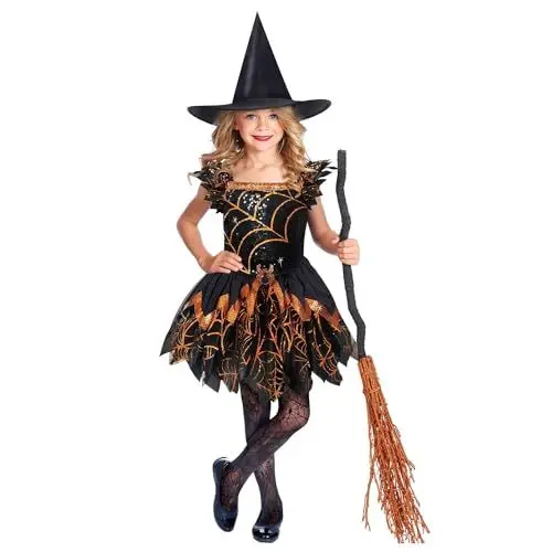 Produktbild: amscan - Kinderkostüm Hexe mit Kleid und Hexenhut, gruselige Spinnenhexe für Halloween, Karneval und Fasching, 4-6 Jahre