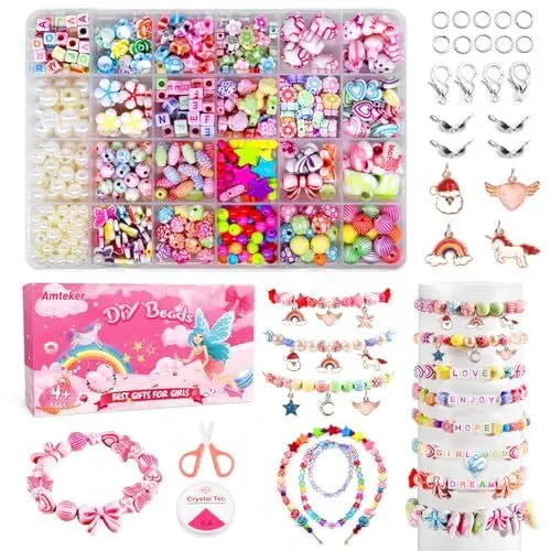 Produktbild: Amteker Geschenke für Mädchen, Bastelset Kinder ab 6 Jahr DIY Perlen Zum Auffädeln, Basteln Mädchen 8 Jahre Armbänder Selber Machen 24 Farben, Einschulung Mädchen Geschenk 4 5 6 7 8 9 Jahre