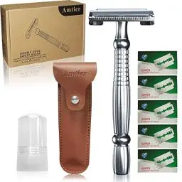 Produktbild: Amtier Rasierhobel Herren Set - inkl 5 Japan Klingen- Aftershave Blutstiller Alaunstein - Reiseetui für Rasierer Tragbare Leder-Rasierer-Schutzhülle