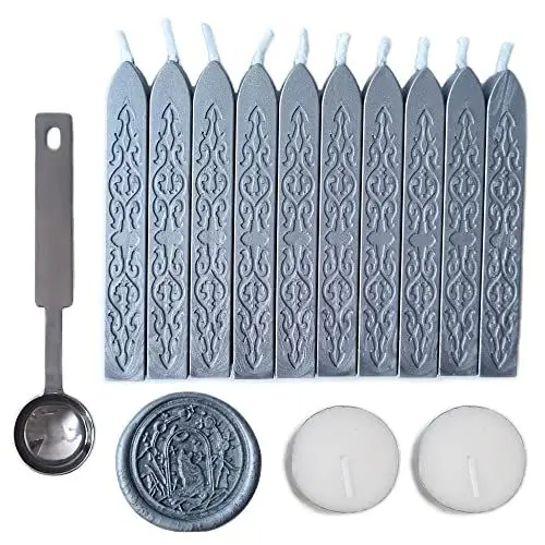 Produktbild: Wachsstäbchen mit Docht, AMTOL 10 PCS Wachsstäbchen mit 2 Stück weißen Kerzen und 1 Stück Wachsschmelzlöffel, für Hochzeitseinladungen, Karten, Umschläge und Siegelstempel (Silber)