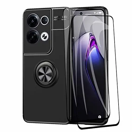 Produktbild: AMWEI Hülle für Oppo Reno8 Pro (Reno 8 Pro) 5G + 2 Panzerglas, TPU Silikon Stoßfest Handyhülle mit 360 ° Drehung Fingerring Stände, Soft Bumper Schutzhülle Case Cover, schwarz+schwarz