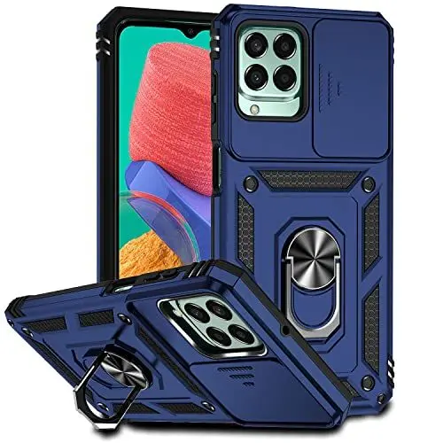 Produktbild: AMWEI Hülle für Samsung Galaxy M53 5G, TPU/PC Stoßfest Silikon Bumper Schutzhülle Handyhülle mit 360 ° Drehung Fingerring Stände Und Kameraschutzrutsche, Blau