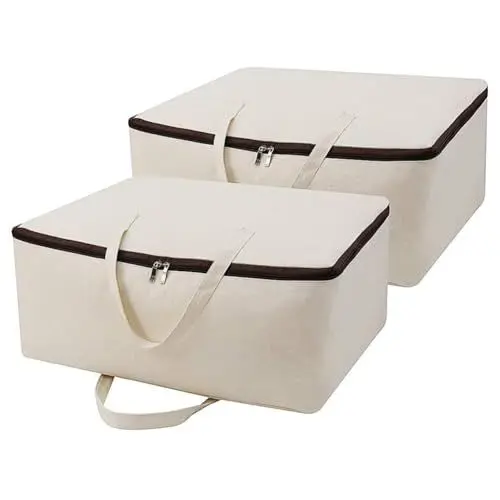 Produktbild: 2er-Pack, weiche Aufbewahrungsbeutel aus natürlichem Baumwollsegeltuch mit Griffen und 3-seitigem Reißverschluss, gut für Kleidung Decken Bettdecken Kissen Organizer im Kleiderschrank, Kleiderschrank