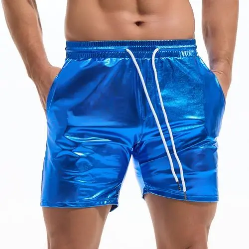 Produktbild: Amy Coulee Metall Shorts Herren Glänzend Nachtclub Disco Party Glänzend Kurze Hose (Blau, S)