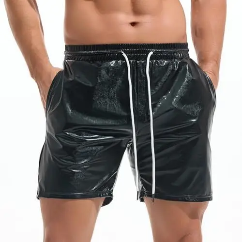Produktbild: Amy Coulee Metall Shorts Herren Glänzend Nachtclub Disco Party Glänzend Kurze Hose (Schwarz, M)