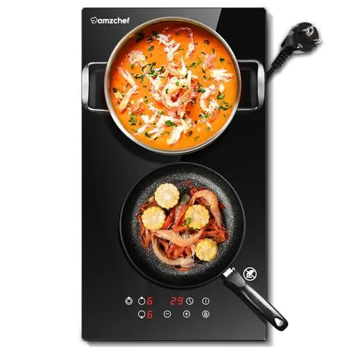 Produktbild: AMZCHEF Glaskeramikkochfeld 2 Platten, Domino Glaskeramik Kochfeld, Schnelles Aufheizen in 3 Sek. drei Heizzonengrößen, Timer und 9 Leistungsstufen, geeignet für alle Töpfe, Sicherheitsschloss