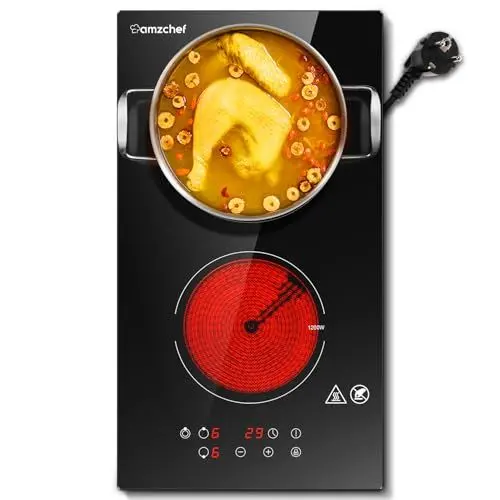 Produktbild: AMZCHEF Glaskeramikkochfeld 2 Platten, Domino Glaskeramikkochfeld, drei Heizzonengrößen, 9 Leistungsstufen, Sicherheitsschloss, Timer, geeignet für alle Töpfe und Pfannen, 3200W