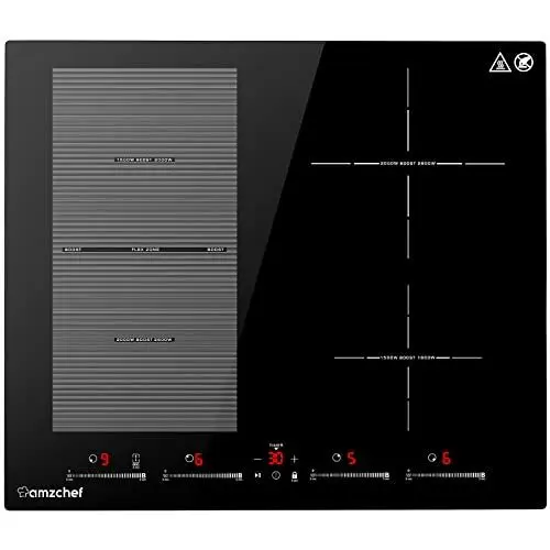 Produktbild: AMZCHEF Induktionskochfeld 60cm mit Flexzonen, 4 Zonen Induktionskochplatte mit Boost-Funktion und 9 Leistungsstufen, Pausenfunktion, Timer, Sicherheitsschloss, Überhitzungsschutz, BBQ, 7200W