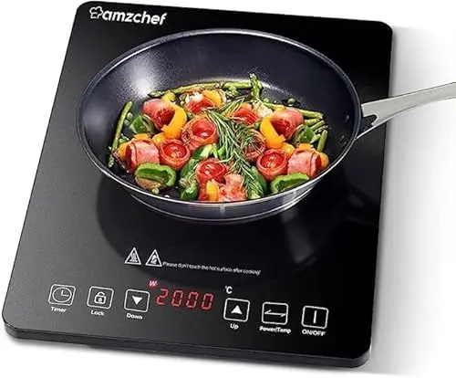 Produktbild: AMZCHEF Induktionskochplatte,2000W Einzelinduktionskochfeld mit schlankem Design, 20 Leistungsstufen,20 Temperatureinstellungen, Sicherheitsverriegelung,3-Stunden-Timer, Schwarz