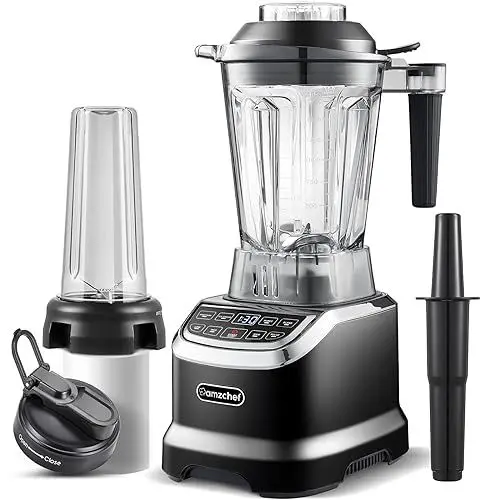 Produktbild: AMZCHEF Mixer Smoothie Maker - 2000W Blender - Mixer Hochleistungsmixer mit LED Zeitanzeige - 6 Pro-Scharfe 3D Klingen - 22000 U/Min Standmixer - 1,85 Liter Flasche und 600ml Tragbare Flasche