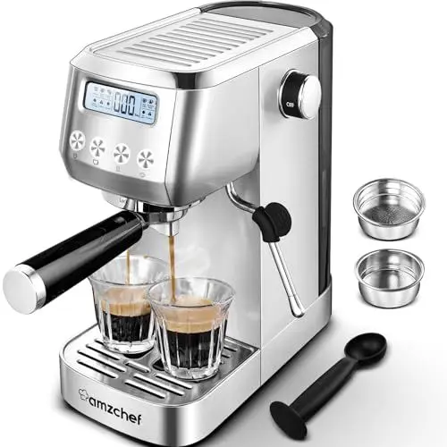 Produktbild: AMZCHEF Siebträgermaschine 20 Bar | Espressomaschine mit Milchaufschäumer | Siebträgermaschine mit 2-IN-1 Siebträger für Einzel- und Doppeltassen | Espresso Maschine mit Abnehmbarem Wassertank 1,3 L