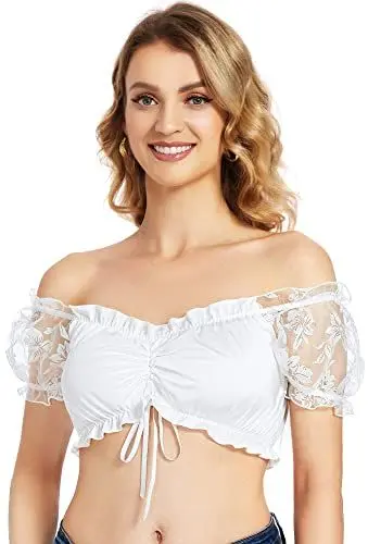 Produktbild: AMZHOTER Dirndlbluse Damen Trachtenbluse Spitze Kurzarm Schulterfrei Dirndl Bluse Weiß Elegante für Oktoberfest 38