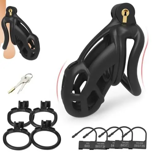 Produktbild: AMZII 2.0 Peniskäfig Set,3D Harz Chastity Cage Male,mit 4 Arc Hodenringe Penisringe Cockring,Keuschheitsgürtel für Herren,Keuschheitskäfig Herren Penis Käfig Cock Cage,BDSMs Spielzeug Hart (L)