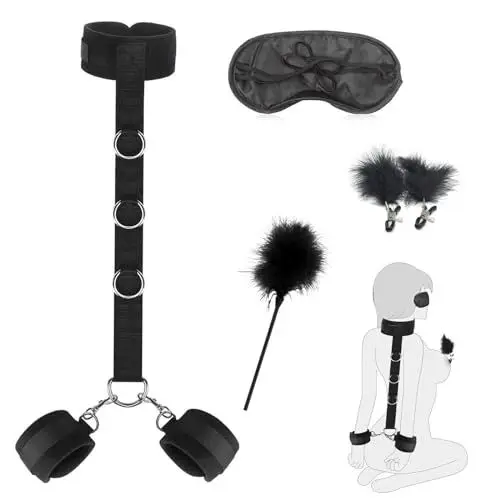 Produktbild: AMZII 5-in-1 Fesseln Sex Set,Handschellen Sex Bett,Bondageset Fessel Set,Halsband Frauen Sex & Augenmaske & Nippelklemmen Brustwarzen & Federkitzler,BDSMs Toys BDSMs Spielzeug Extrem Sklavin (5-IN-1)