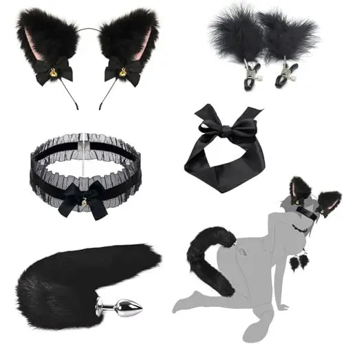 Produktbild: AMZII Analplug Paaren Cosplay 5er Set,Fuchsschwanz Buttplug & Nippelklemmen Brustwarzen & SM Augenmaske & Halsband Frauen Sex & Katze Ohren,Diloschwanz für Frauen,BDSMs Fesseln Sex Set (Schwarz)