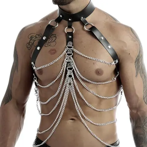 Produktbild: AMZII Herren Punk Body Brust Harness Männer Leder Gay Truhe Kette Brustgeschirr Unterwäsche Herren Sexy Unterwäsche für Mann,Fetisch Körperketten Einstellbare Gothic Herren Cosplay Kostüme (A2)
