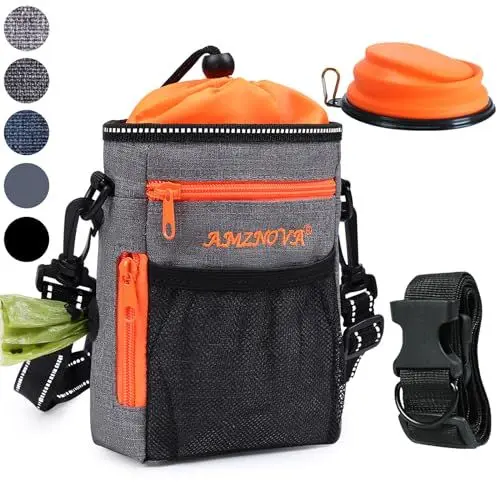 Produktbild: AMZNOVA Futterbeutel Hunde, Futtertasche für Hundetraining, Hunde Leckerlie Beutel mit Mehreren Taschen, 4 Tragearten, Tasche Leckerlies, Heidekraut Grau