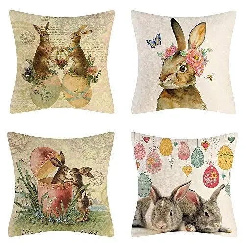 Produktbild: AMZQJD 4 Stück Kissenbezug Ostern Hasenselementstile Dekorative Kissenhülle Baumwolle Leinen Sie Kissenbezüge (40 x 40 cm, Rosa Osterei)