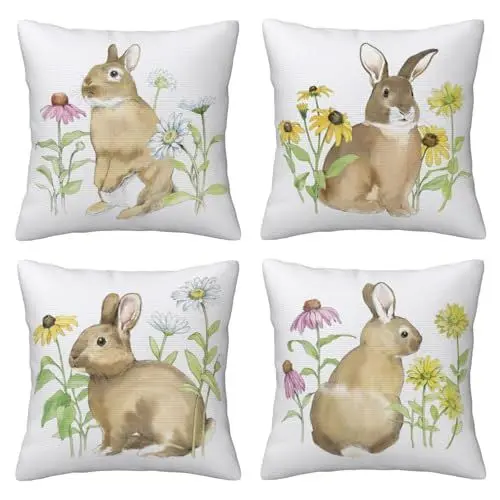 Produktbild: AMZQJD 4 Stück Kissenbezug Ostern Hasenselementstile Dekorative Kissenhülle Baumwolle Leinen Sie Kissenbezüge (45 x 45 cm, Grau Kaninchen)
