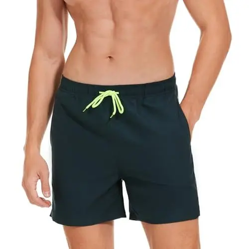 Produktbild: AMZSPORT Badehose Herren Wasserabweisend Badeshorts Schwimmhose mit Mesh-Futter und Taschen, Dunkelgrün L