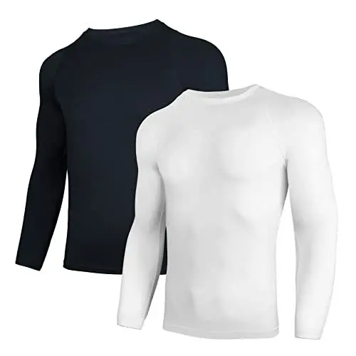 Produktbild: AMZSPORT Herren 2er Pack Kompressionsshirt Langarm Funktionsshirt Schnelltrocknendes Laufshirt Atmungsaktiv Sportshirt für Männer, SchwarzWeiß L
