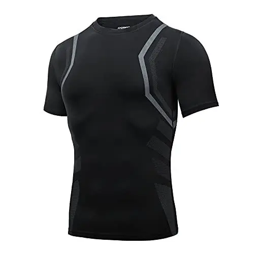Produktbild: AMZSPORT Herren Kompressionsshirt Kurzarm Funktionsshirt Schnell Trocknend Baselayer Laufshirt, Schwarz Size M