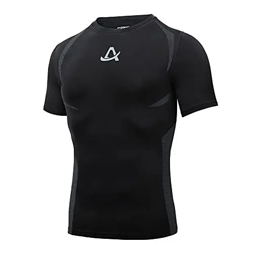 Produktbild: AMZSPORT Herren Kompressionsshirt Kurzarm Sportshirt Schnelltrocknend Laufshirt Funktionsshirt, Schwarz L