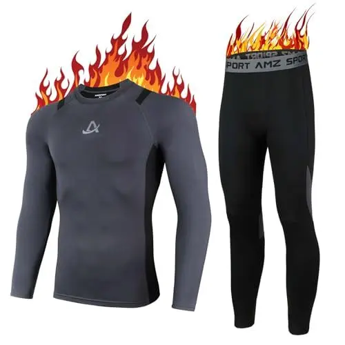 Produktbild: AMZSPORT Thermounterwäsche Set für Herren, Ideales Winter-Set zum Skifahren und Laufen, Enthält Atmungsaktive Funktionsunterwäsche sowie eine Thermohose, Grau L