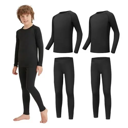 Produktbild: AMZSPORT Thermounterwäsche für Kinder, Skiunterwäsche und Funktionsunterwäsche für Fussball und Training im Winter, Thermowäsche für Mädchen und Jungen, Schwarz-2Sets XXL