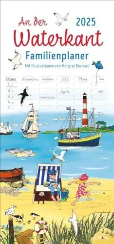 Produktbild: An der Waterkant Familienplaner 2025 - Margret Bernard: Familienkalender mit 5 Spalten. Liebevoll illustrierter Familien-Wandkalender mit Schulferien. ... und Ostsee-Fans. (Familienplaner Eiland)