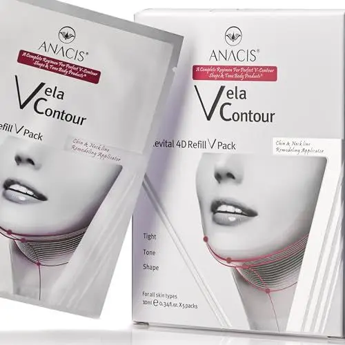 Produktbild: VELA CONTOUR Gesichtsmaske – Wirkt Gegen V-förmige Linien, Hals, Kinn, Kieferpartie – Feine Linien – Halsfalten – Schlaffe Haut – Für Frauen Und Männer (5 MASKEN)