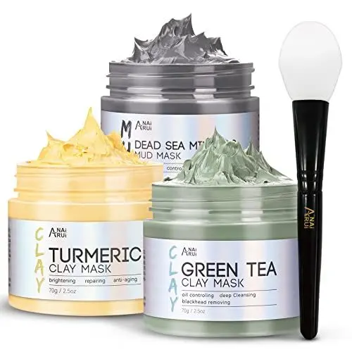 Produktbild: ANAiRUi Kurkuma Gesichtsmaske - Grüner Tee Ton Maske - Totes Meer Mineralien Schlamm Maske, Spa Gesichtsmasken Set zur Tiefenreinigung, Entgiftung und Reduzierung von Akne und Mitesser, 210 g