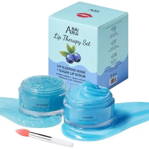 Produktbild: ANAiRUi Lippenbalsam und Lippenpeeling-Set, Hyaluronic Acid Blaubeer-Lippenbalsam für schlafende Lippen feuchtigkeitsspendend & nährend, Lippenpeeling für Reduce Lippenlinien, Lippenpflege-Geschenkset