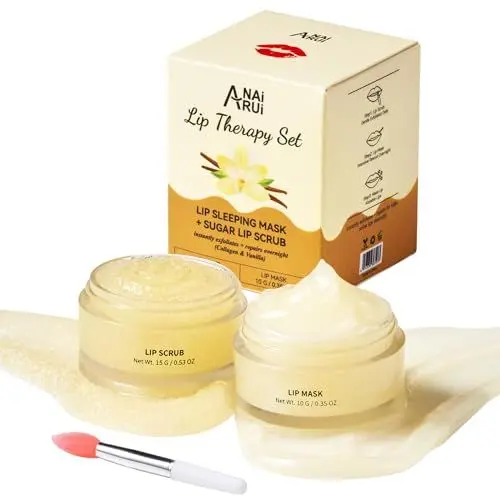 Produktbild: ANAiRUi Lippenbalsam und Lippenpeeling-Set, Vanille & Collagen Lippenschlafmaske und Lippenpeeling Zuckerpeeling, Lippenpflege-Geschenkset für Trockene, Rissige, Schälende Lippen