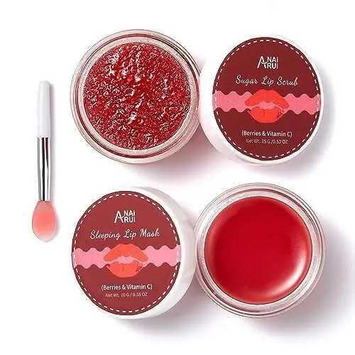 Produktbild: ANAiRUi Lippenpflegeset - Lippenbalsam-Maske und Lippenzucker-Peeling-Set - Lippenbehandlung über Nacht, Schlafmaske und Lippenpeeling-Peeling für trockene, rissige, schälende Lippen(Beeren + VC)