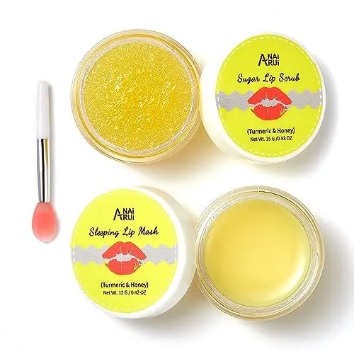 Produktbild: ANAiRUi Lippenpflegeset - lippenpeeling und Lippenbalsam-Maskenset - lip scrub and lippenpflege maske - Peeling und Feuchtigkeitscreme für trockene, rissige, schälende Lippen (Kurkuma + Honig)