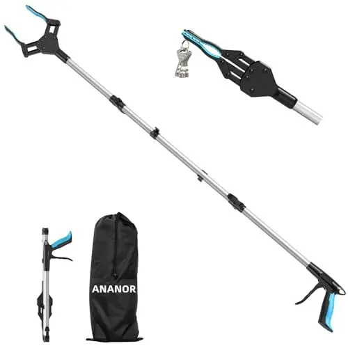 Produktbild: ANANOR 112 cm Faltbare Greifzange für Senioren, Upgrade Breiter Kiefer mit 360° Drehbarer Kopf & Aufbewahrungsbeutel, Robuste Greifer mit Magnet-Greifarm für Müll/Wurf Pflücker, Armverlängerung