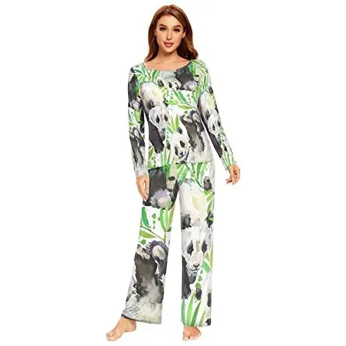 Produktbild: Anantty Damen Schlafanzug-Set Aquarell Panda Bambus Pyjama Woman Set, Lang Nachtwäsche Hausanzug Negligee Sleepwear