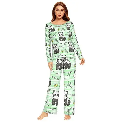 Produktbild: Anantty Damen Schlafanzug-Set Süß Panda Bambus Pyjama Woman Set, Lang Nachtwäsche Hausanzug Negligee Sleepwear