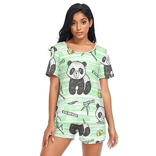 Produktbild: Anantty Damen Schlafanzug-Set Süß Panda Bambus Sommer Pyjama Woman Set, T-Shirt und Shorts Lounge Set Sleepwear Nachtwäsche