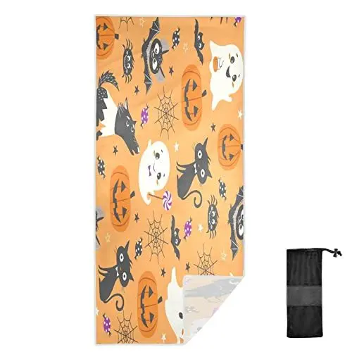 Produktbild: Anantty Strandtuch, Happy Halloween, niedlicher Kürbis, Spinne, Geist, schwarze Katze, Fledermäuse, schnell trocknendes Handtuch für Reisen, Schwimmbad, Yoga, Fitnessstudio, Camping, Sport, Urlaub