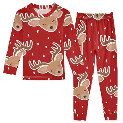 Produktbild: Anantty Kinder Schlafanzug Set Süß Rentier Hirsch Baumwolle Langarm Nachtwäsche Zweiteiliger Pyjama Sets für Mädchen Jungen