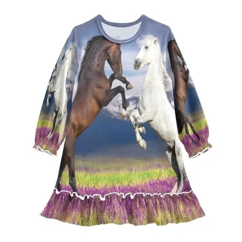 Produktbild: Anantty Mädchen Nachthemd Pferd Blume Langarm Schlafanzug Kleider Nachtwäsche Nightdress Pyjamas