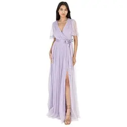 Produktbild: Anaya with Love Damen Ladies Maxi Dress Women V Neckline Short Sleeve Frilly Long Empire Waist for Wedding Guest Bridesmaid Maid of Honour Kleid, Dusty Lilac, 38