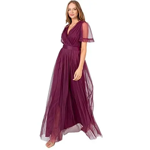 Produktbild: Anaya with Love Damen Ladies Maxi Dress Women V Neckline Short Sleeve Frilly Long Empire Waist for Wedding Guest Bridesmaid Maid of Honour Kleid, Plum, 34