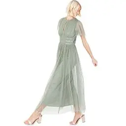 Produktbild: Anaya with Love Damen Ladies Midaxi Dress for Women High Waist Keyhole Short Flutter Sleeve Crew Neckline for Wedding Guest Bridesmaids Prom Kleid, Frosty Green,