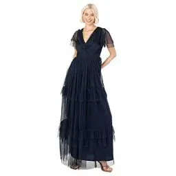 Produktbild: Anaya with Love Damen Short Sleeve Evening Ball Gown Tiered V Neck Bow Tie Bridesmaid Wedding Guest Prom Long Kleid, Navy Blue, 38 EU (UK 10)