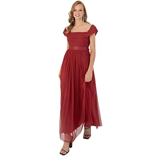 Produktbild: Anaya with Love Damen Womens Ladies Maxi Dress Bardot Off Shoulder with Belt Long Empire Waist for Wedding Guest Prom Evening Gown Bridesmaid Kleid, Garent, 42