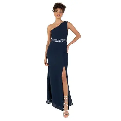 Produktbild: Anaya with Love Damen Women's Ladies Maxi Dress One Shoulder Sleeveless Sequin Embellished Split Slit A-line for Evening Party Prom Ball Gown Kleid, Navy Blue,